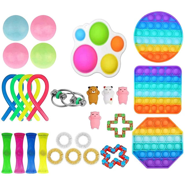 28 In 1 Sensory Fidget Toy Sets (W/Rainbow Circle, Square, AND Octagon Push Pop Bubble Sensory Toys)