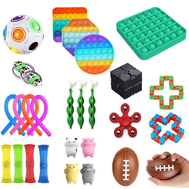 27 In 1 Sensory Fidget Toy Sets (W/Rainbow Circle, Square, Octagon, and Green Square Push Pop Bubble Sensory Toys)