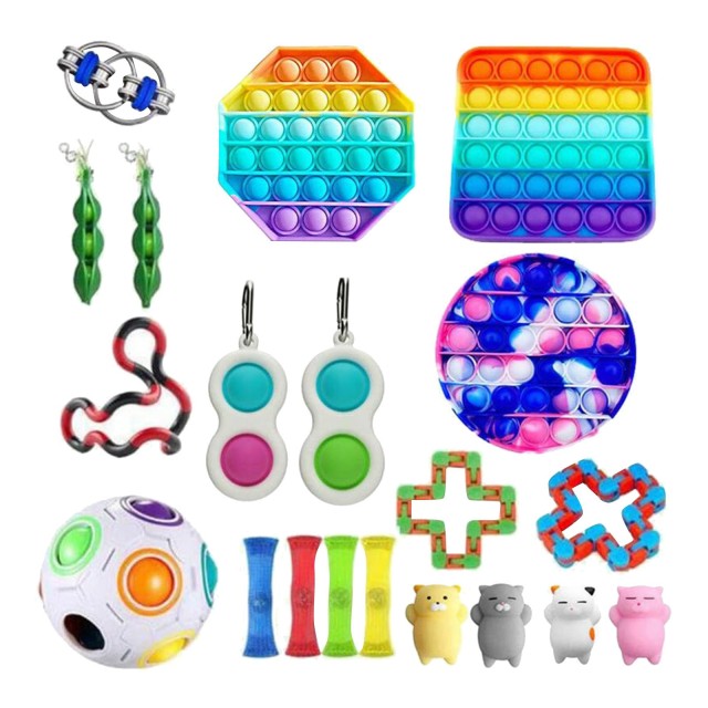 21 In 1 Sensory Fidget Toy Sets (W/Rainbow Square, Octagon, AND Circle Tie-Dyed Colored Push Pop Bubble Sensory Toys)