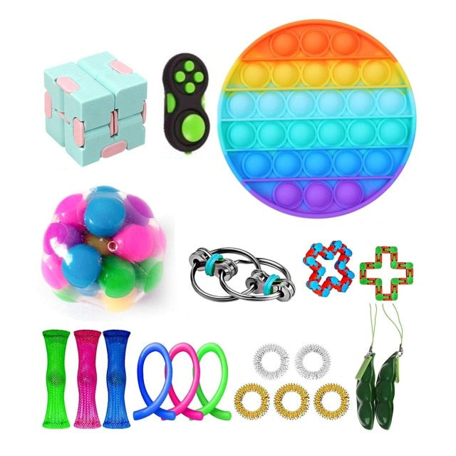 20 In 1 Sensory Fidget Toy Sets (W/Rainbow Circle Push Pop Bubble Sensory Toy)