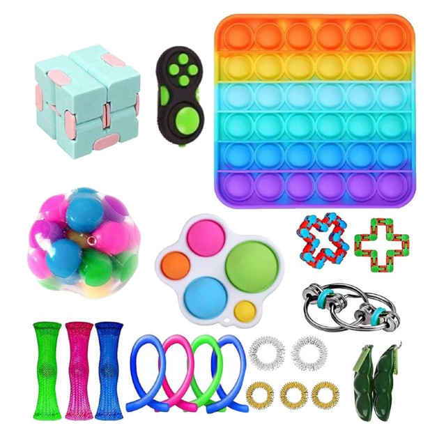 20 In 1 Sensory Fidget Toy Sets (W/Rainbow Square Push Pop Bubble Sensory Toy)